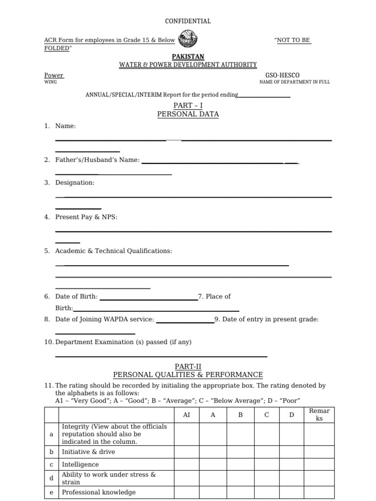 ACR Form for WAPDA Employees | PDF