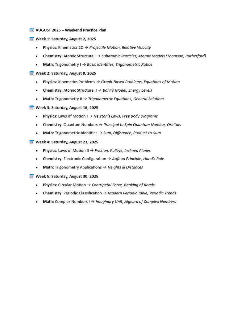 August 2025 Physics Study Plan | PDF