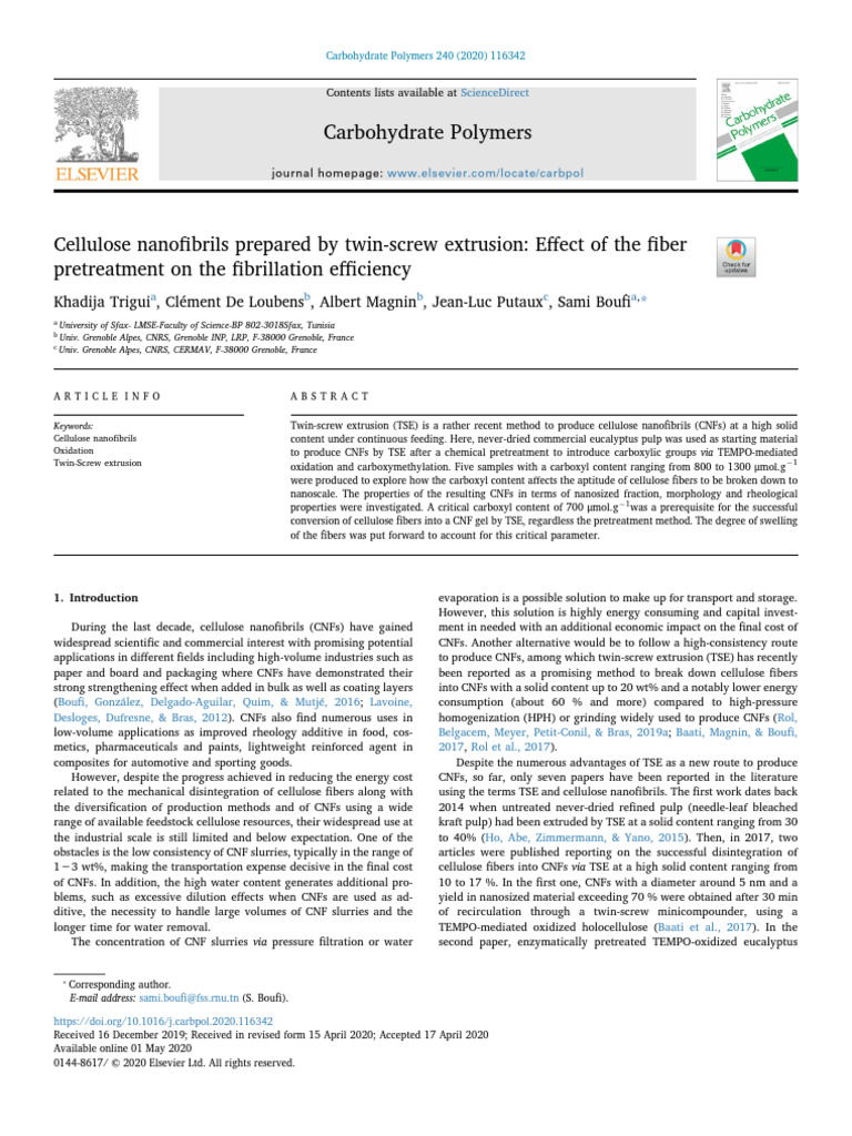 Cellulose Nanofibrils Prepared by Twin-Screw | PDF | Fibers | Cellulose