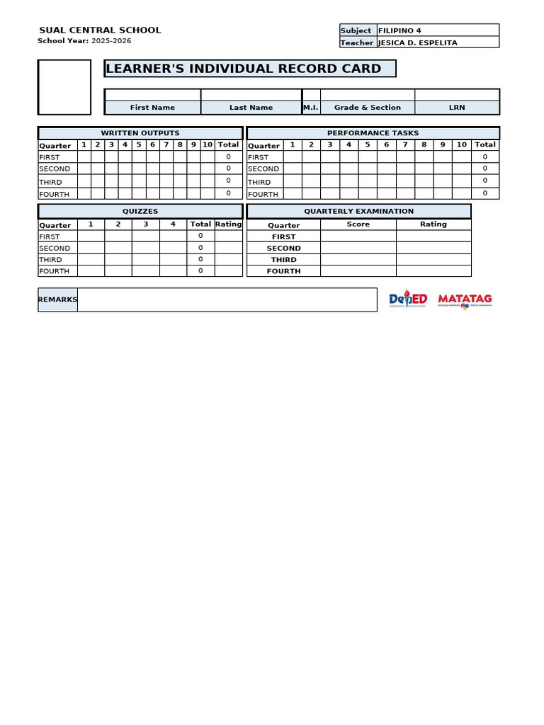 Filipino 4 Individual Record Card 2025-2026 | PDF