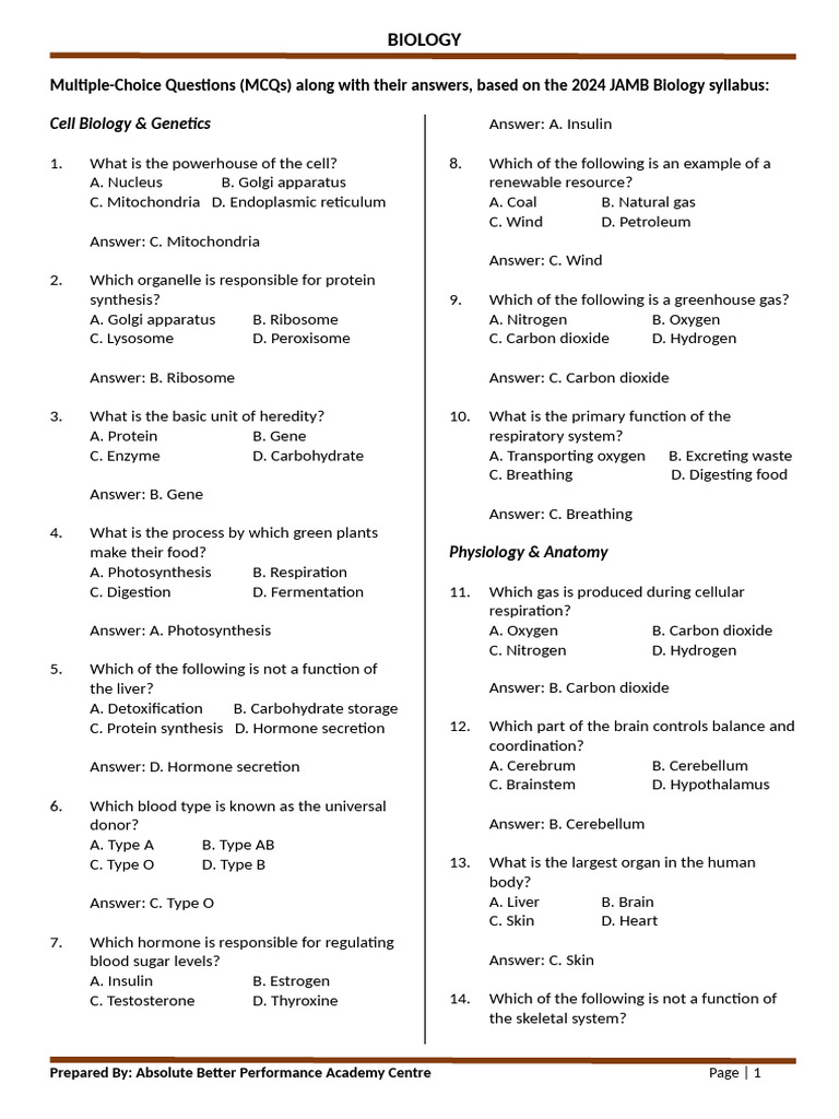 2024 JAMB Biology MCQs with Answers | PDF | Sodium | Heat