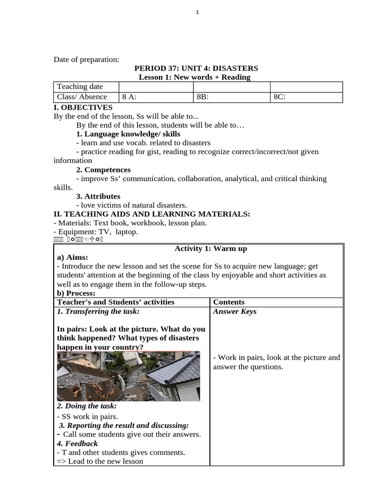 Vocabulary and Reading on Disasters | PDF | Lesson Plan | Vocabulary