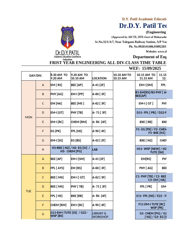 Time Table Fe Tep | PDF
