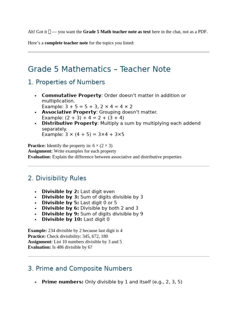 Grade 5 Math Teacher Notes Guide | PDF | Multiplication | Arithmetic