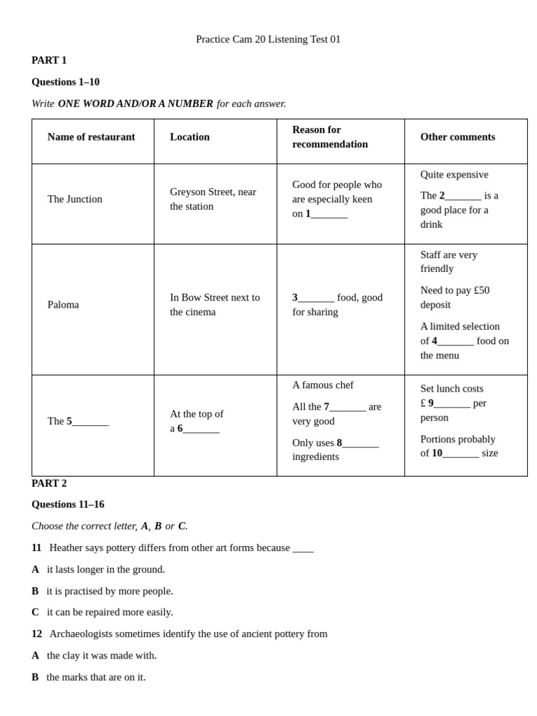 Cam 20 Listening Test Practice Guide | PDF | Loneliness | Pottery