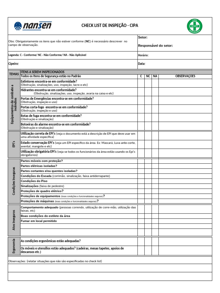 Check List de Inspeção CIPA MG | PDF