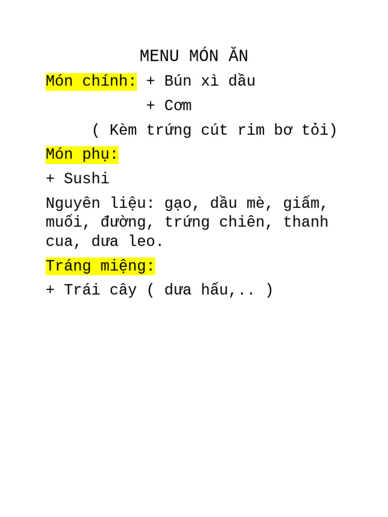 Menu Món Ăn | PDF