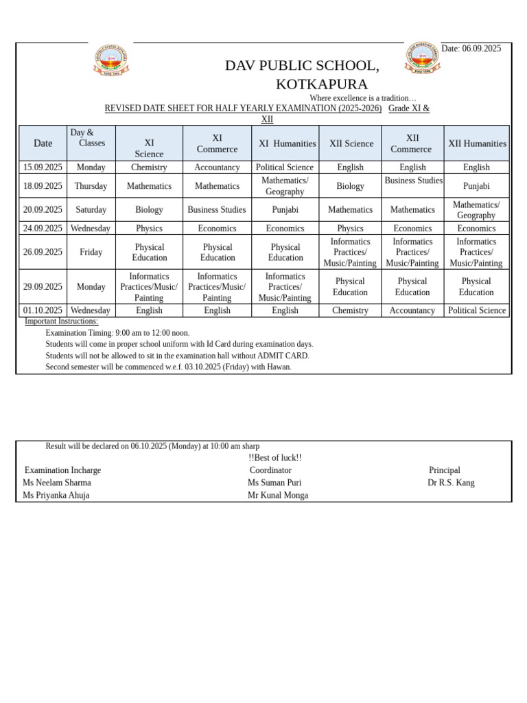Half Yearly Exam Date Sheet 2025-26 | PDF
