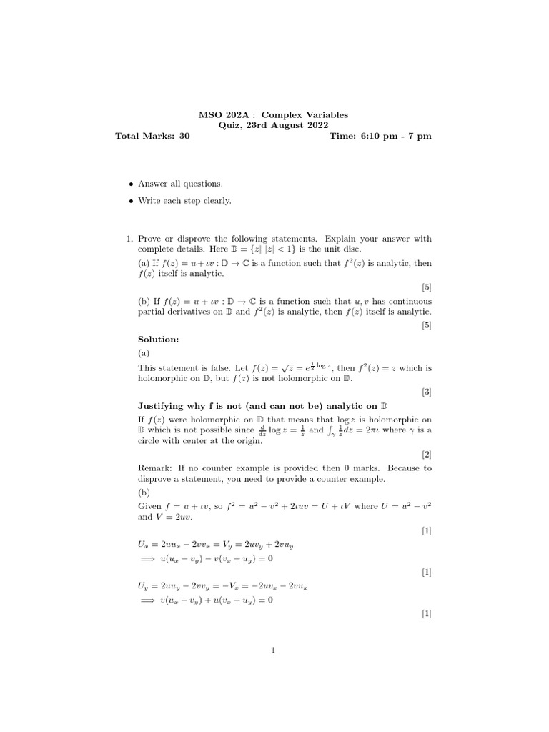 Complex Variables Quiz Solutions | PDF