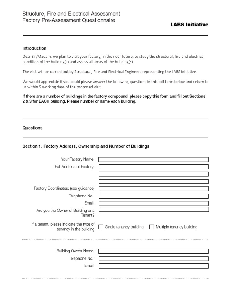 Pre Assessment Questionnarie - LABS | PDF | Fire Safety