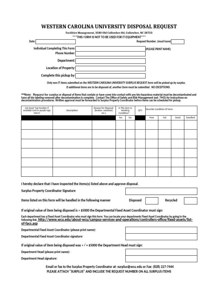 WCU Disposal Request Form Guide | PDF | Waste