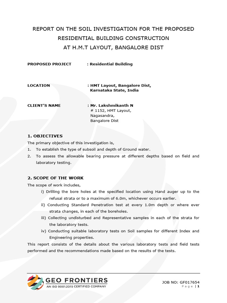 Soil Investigation Report for Bangalore Building | PDF | Foundation ...