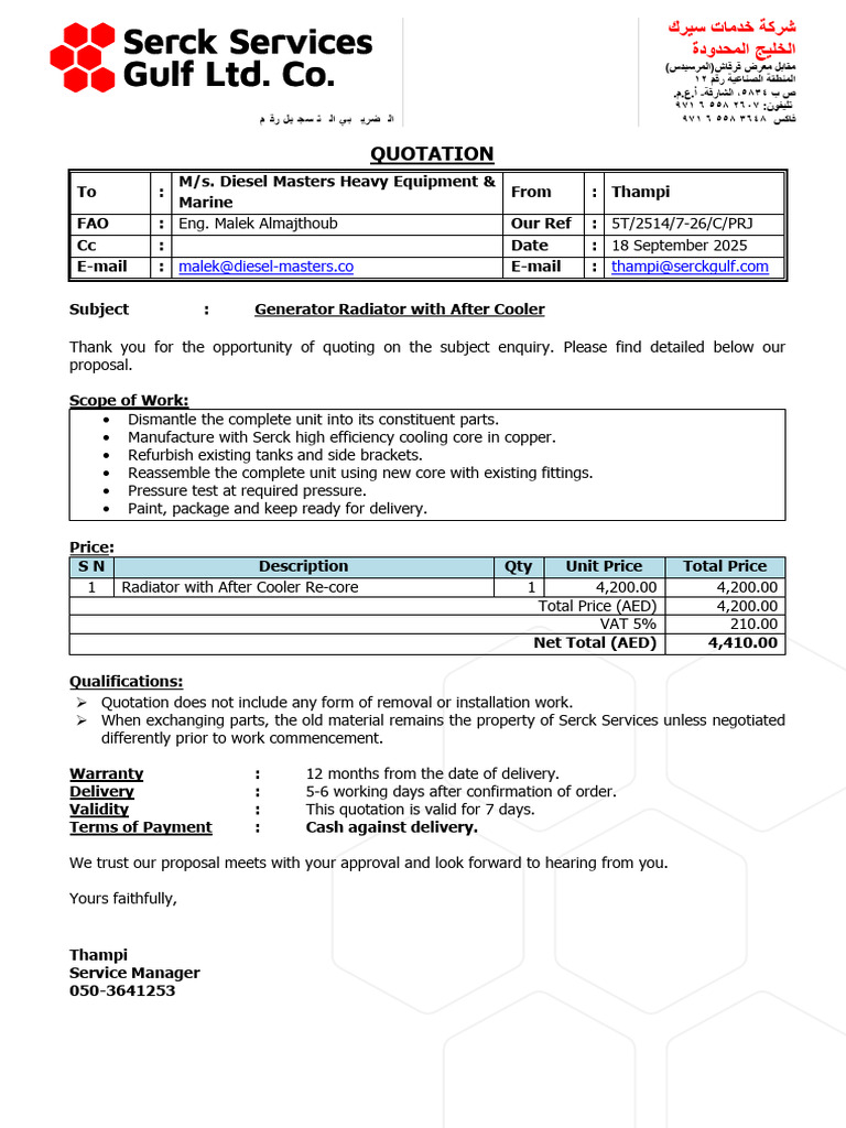 Generator Radiator Quotation Proposal | PDF