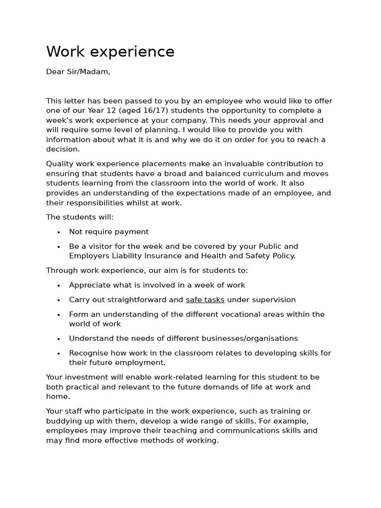 Work Experience Opportunity for Students | PDF