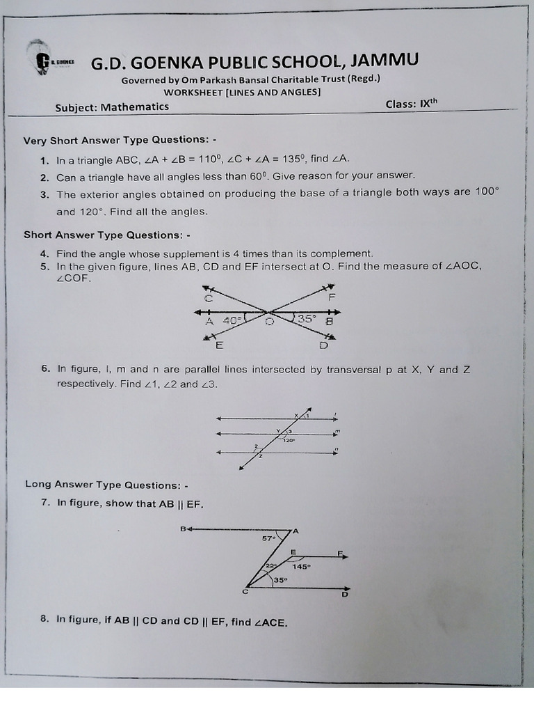 WorkSheet Chapter Lines and Angles | PDF