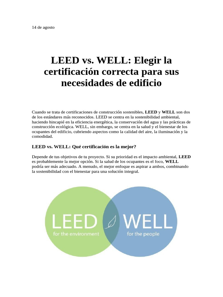 LEED vs. WELL: Certificaciones clave | PDF | Uso eficiente de energía ...