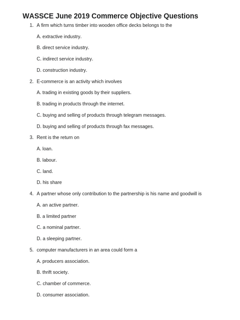 WASSCE 2019 Commerce Objective Questions | PDF | Cheque | Business