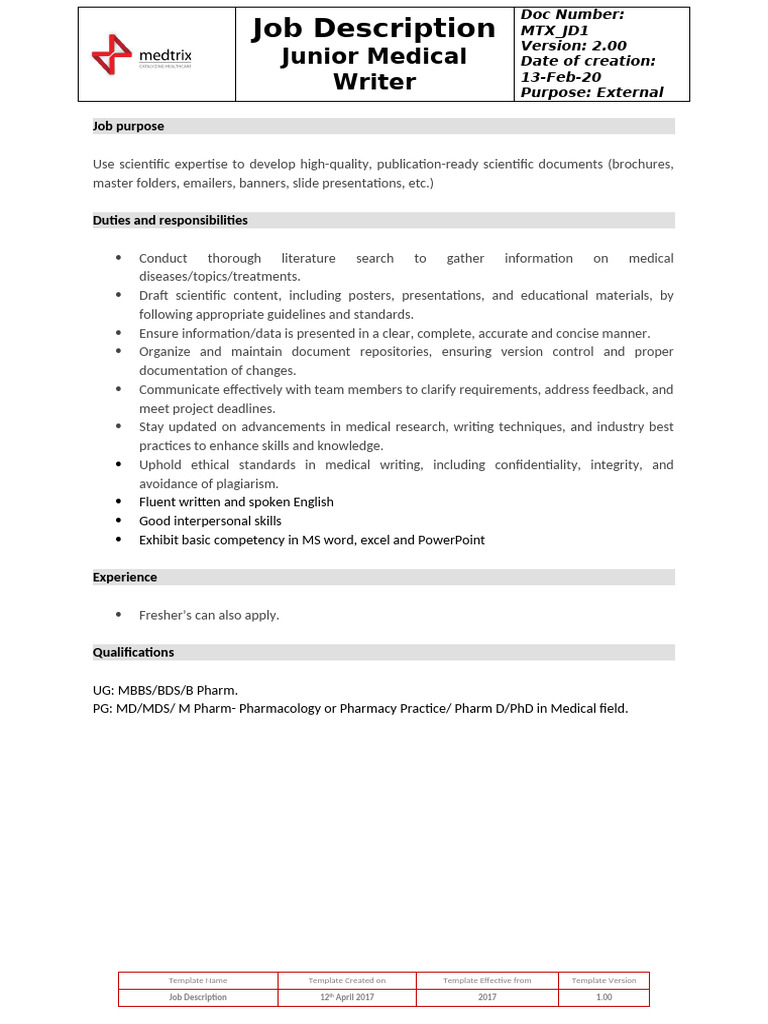 Junior Medical Writer Job Description | PDF