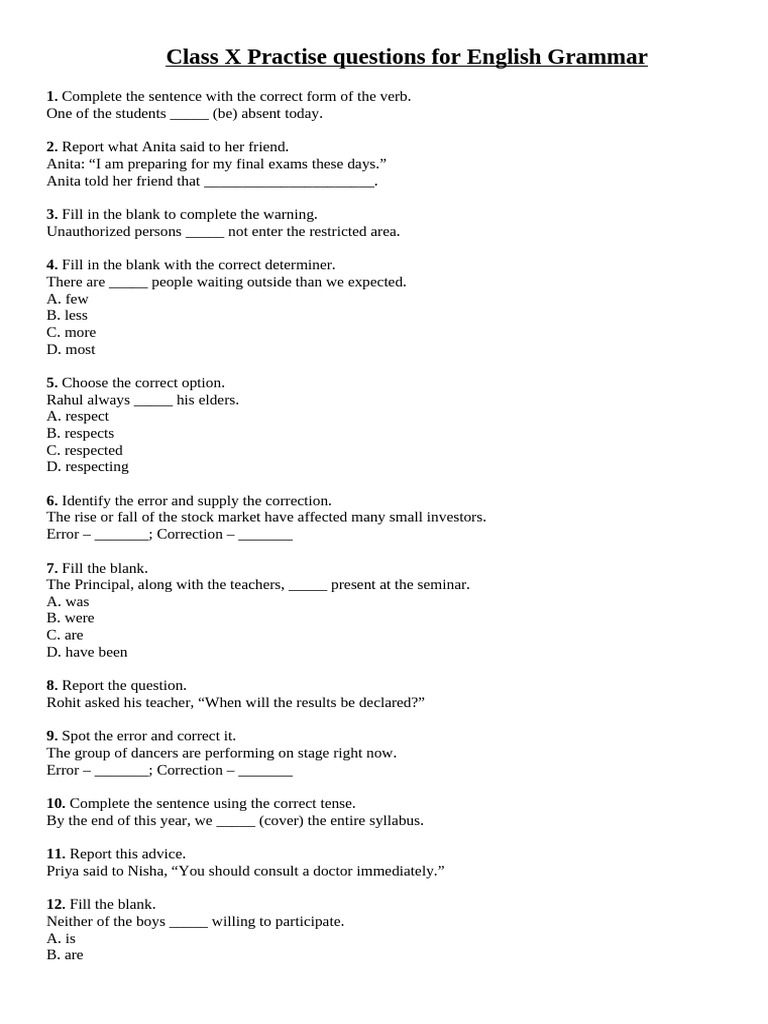 Class X English Grammar Practice Questions | PDF