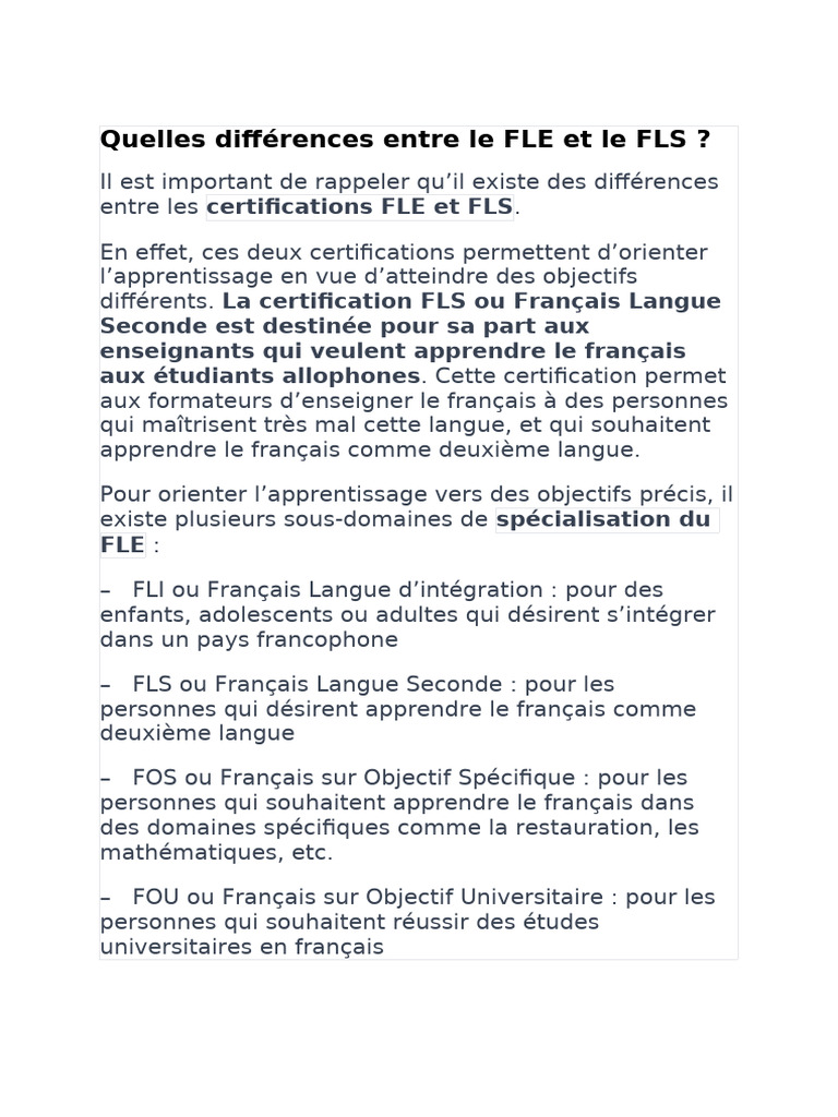 Différences entre FLE et FLS | PDF | Langue française | Apprentissage