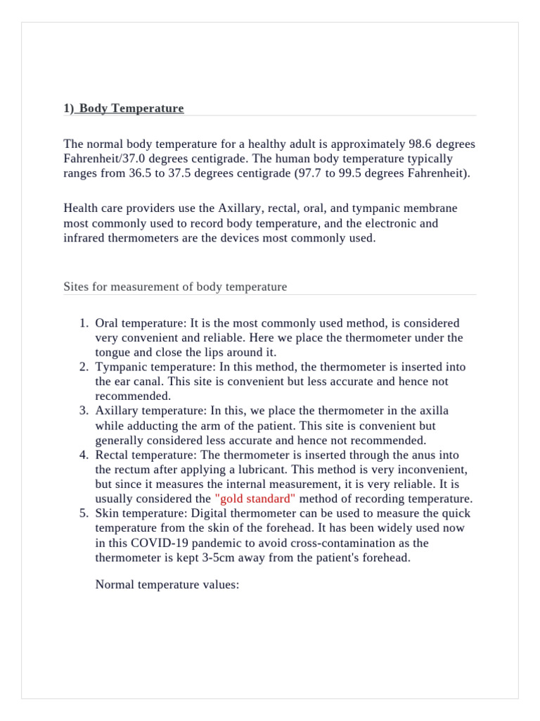 Body Temperature and Pulse Assessment Guide | PDF | Pulse | Thorax