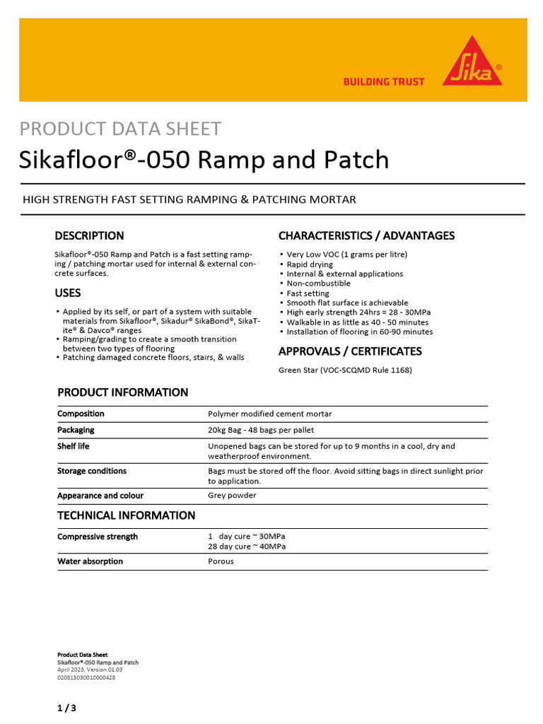 Sikafloor®-050 Ramp and Patch Overview | PDF | Concrete | Mortar (Masonry)