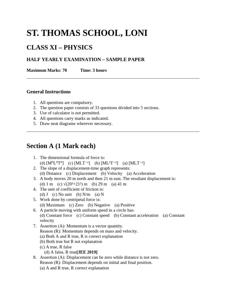 Class XI Physics Sample Paper Loni | PDF | Acceleration | Force