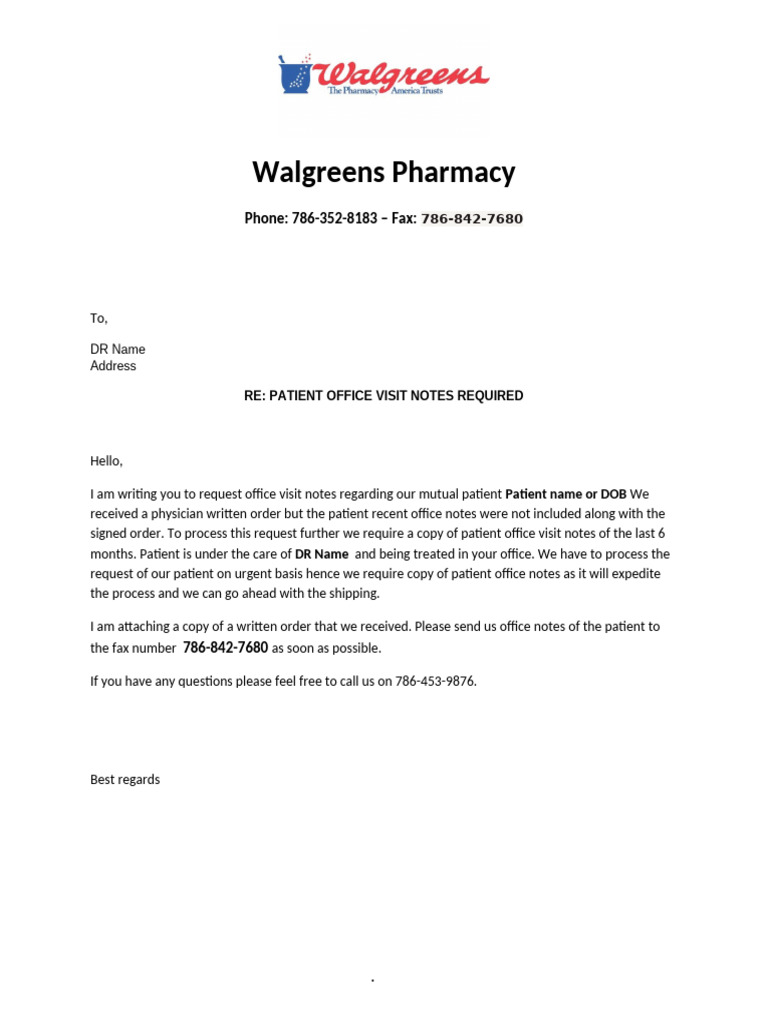 Walgreens Pharmacy Request for Notes | PDF