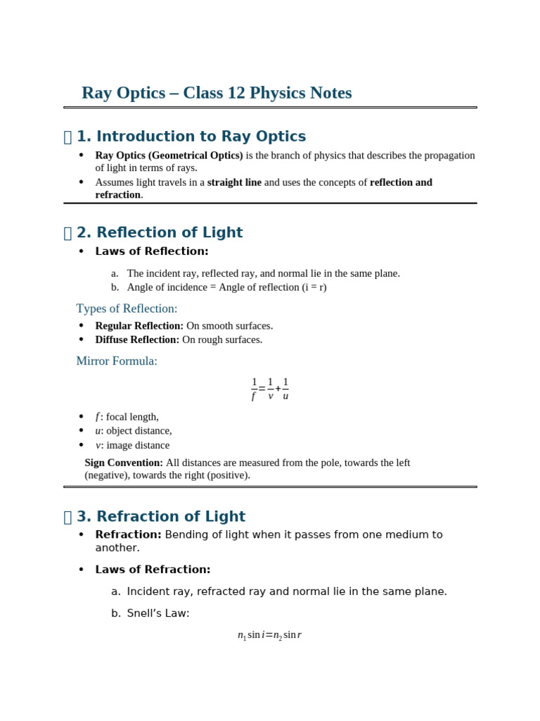 Ray Optics Class | PDF | Optics | Reflection (Physics)