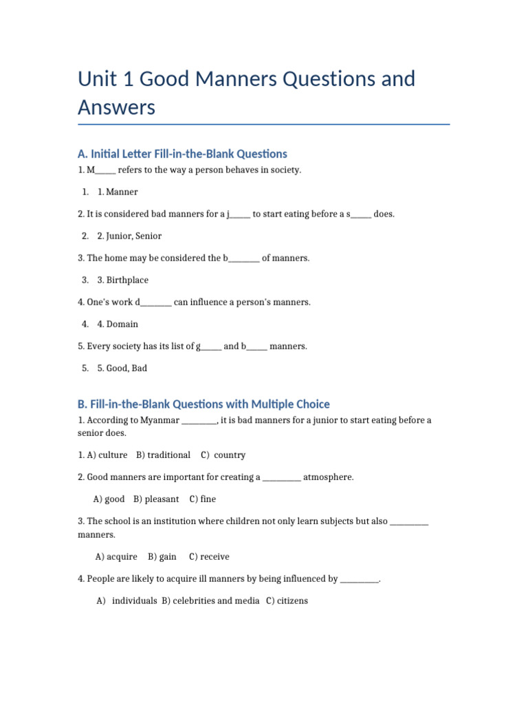 Unit 1 Good Manners Questions Answers | PDF | Linguistics