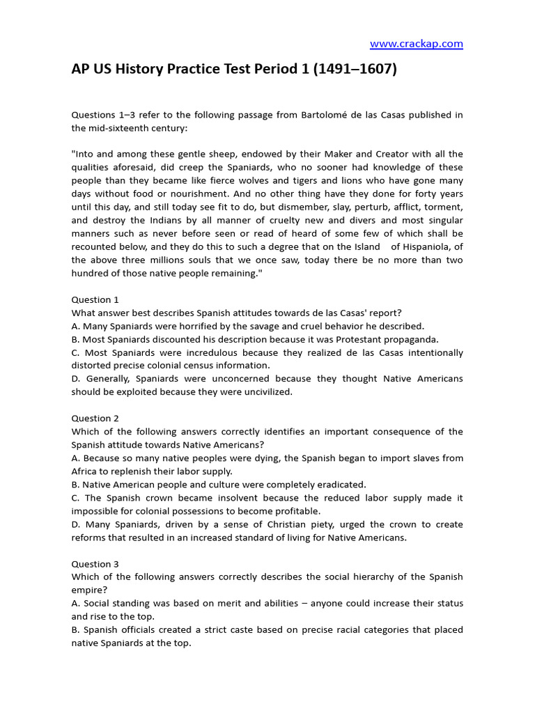 AP US History Practice Test Period 1 (1491-1607) | PDF | European ...