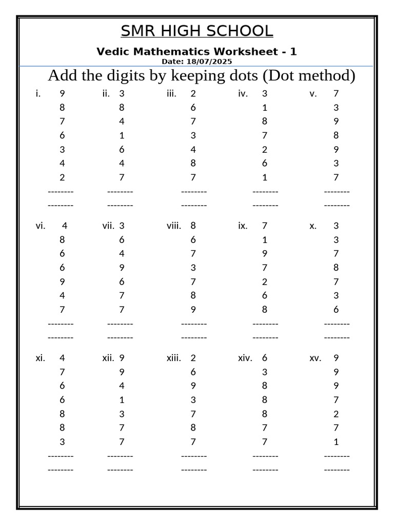 Vedic Math Worksheet for SMR High School | PDF
