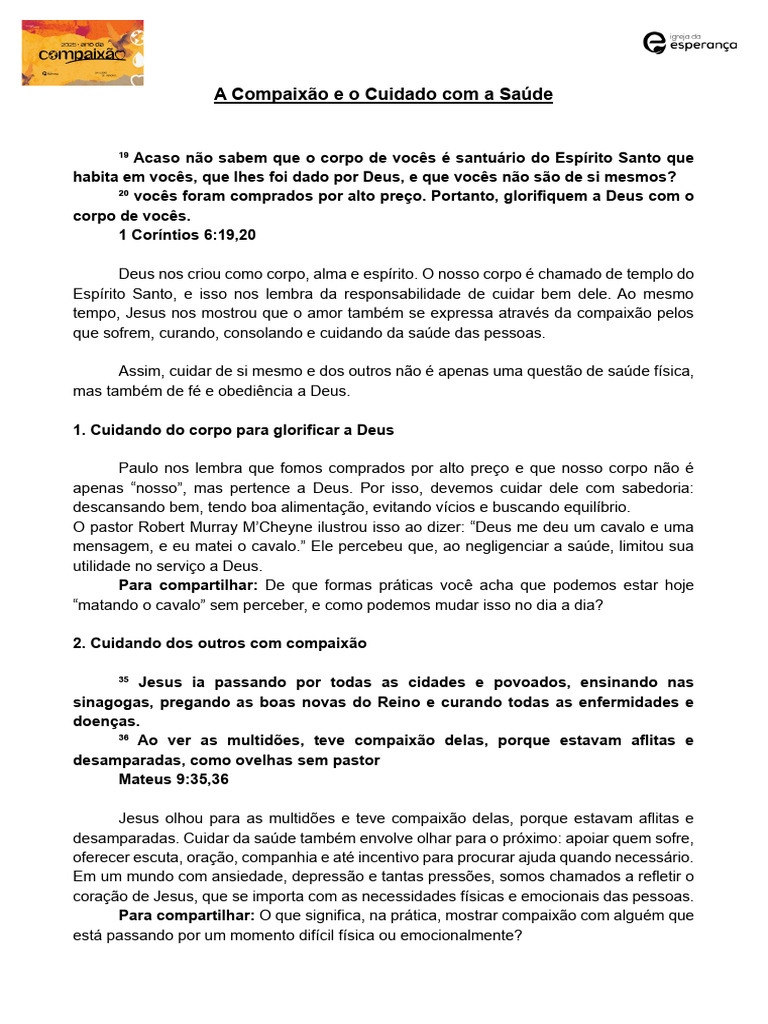A Compaixão e o Cuidado Com A Saúde | PDF | Deus | Jesus