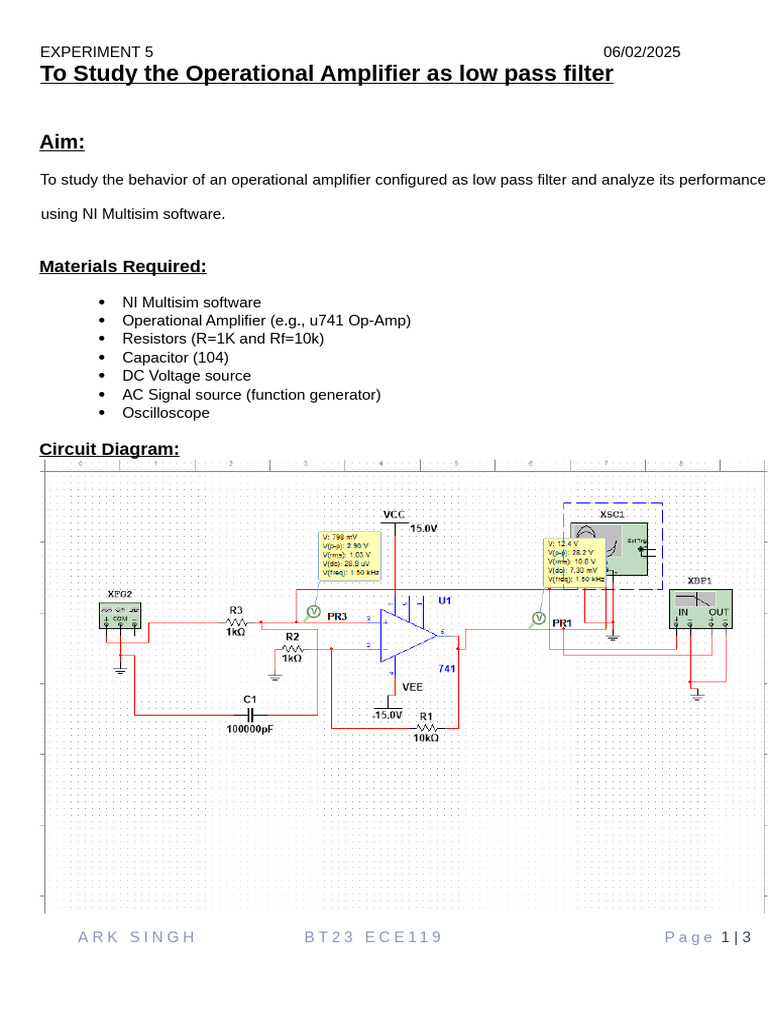 Operational Amplifier Low Pass Filter Study | PDF