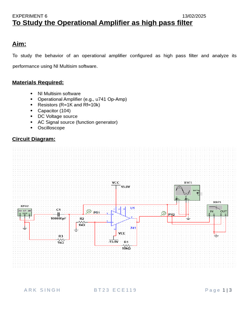6.to Study The Operational Amplifier As High Pass Filter | PDF