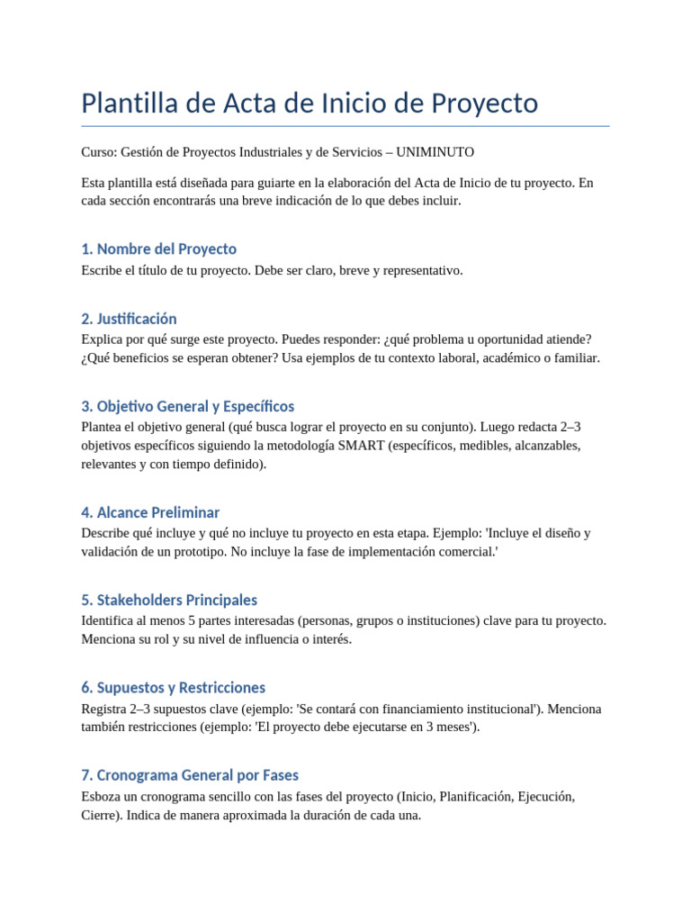 Plantilla para Acta de Inicio de Proyecto | PDF