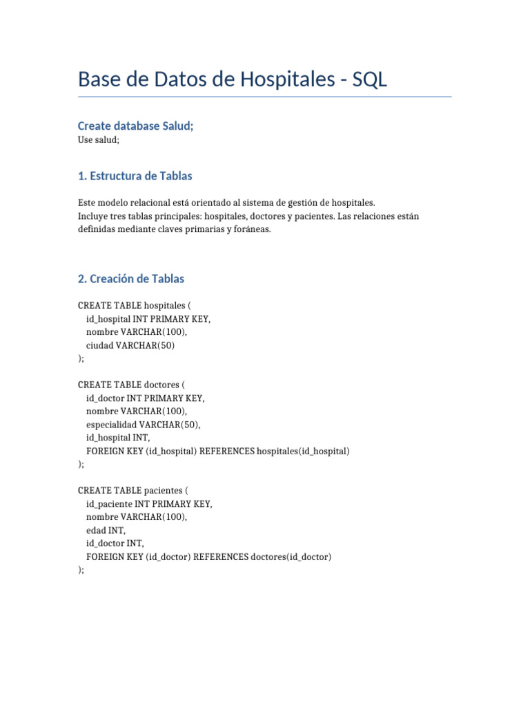 Base de Datos SQL para Hospitales | PDF | SQL | Modelo de datos