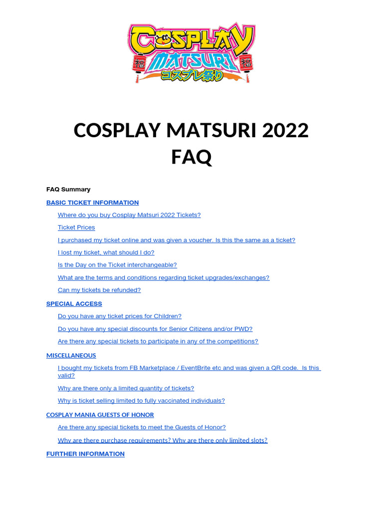 Cosplay Matsuri 2022 Ticket Details | PDF