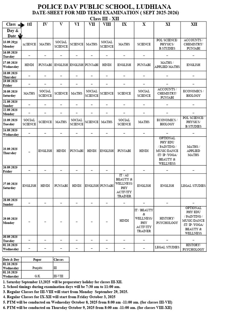 Mid Term Exam Schedule 2025-2026 | PDF