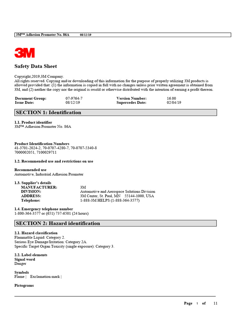 3M Adhesion Promoter No. 86A SDS | PDF | Hazardous Waste | Waste