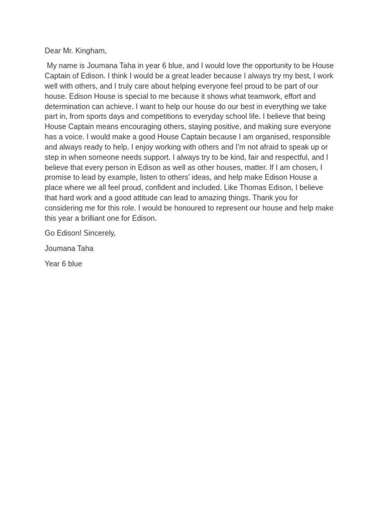 Joumana Taha's House Captain Application | PDF