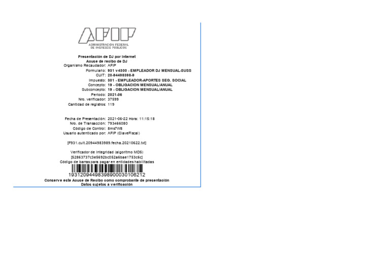 Acuse de Recibo DJ AFIP 2021-06 | PDF