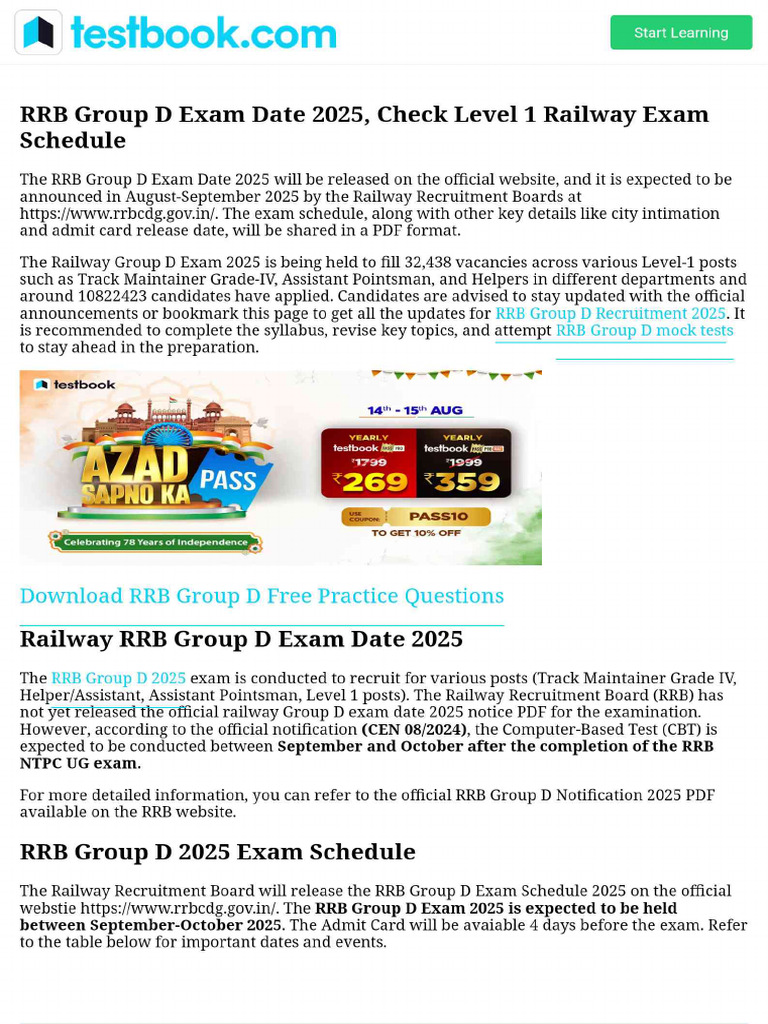 RRB Group D Exam Date 2025, Check Level 1 Railway Exam Schedule | PDF