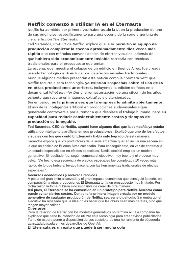 Netflix Comenzó A Utilizar IA en El Eternauta | PDF | Inteligencia ...