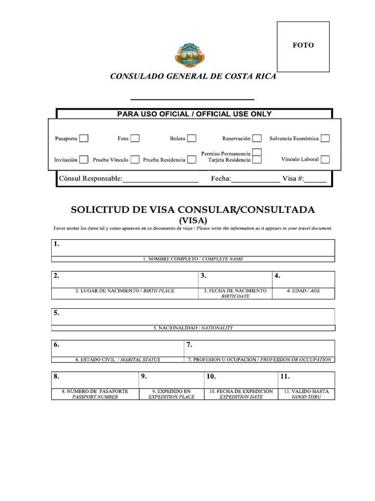 Solicitud Visa Costa Rica General | PDF