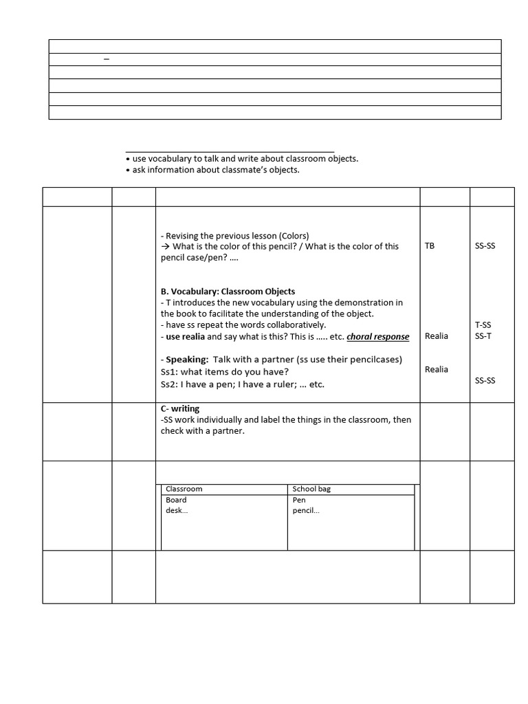 Classroom Objects Lesson Plan | PDF | Classroom | Human Communication