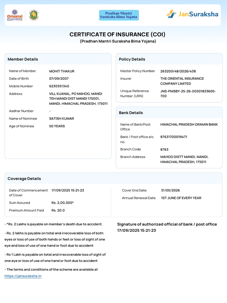 Certificate of Insurance JNS PMSBY 25 26 00301833605 700 | PDF ...