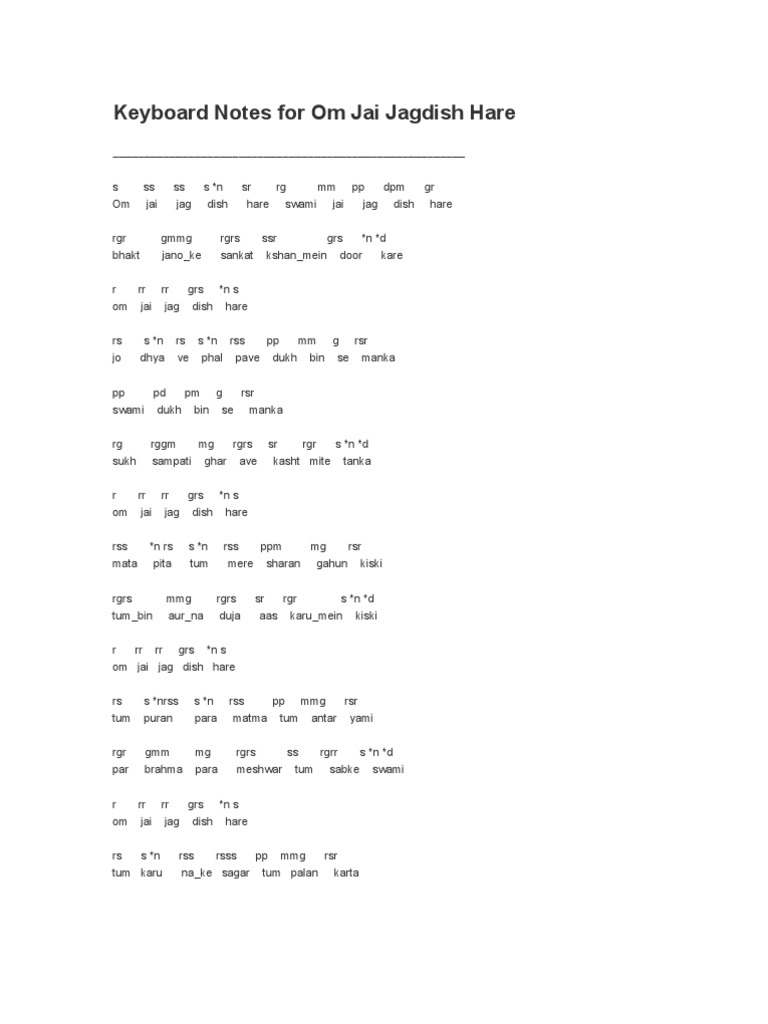 Keyboard Notes for Om Jai Jagdish Hare