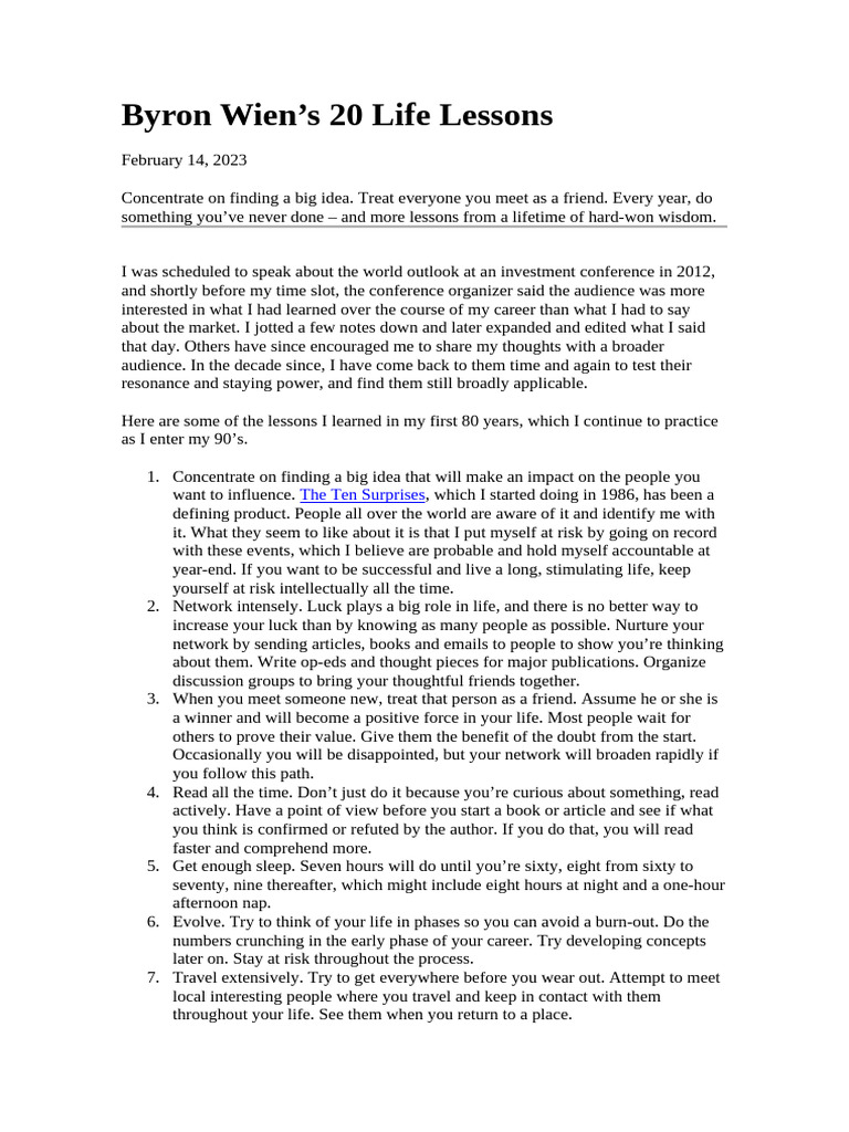 Byron Wien's 20 Essential Life Lessons | PDF | Behavioural Sciences ...