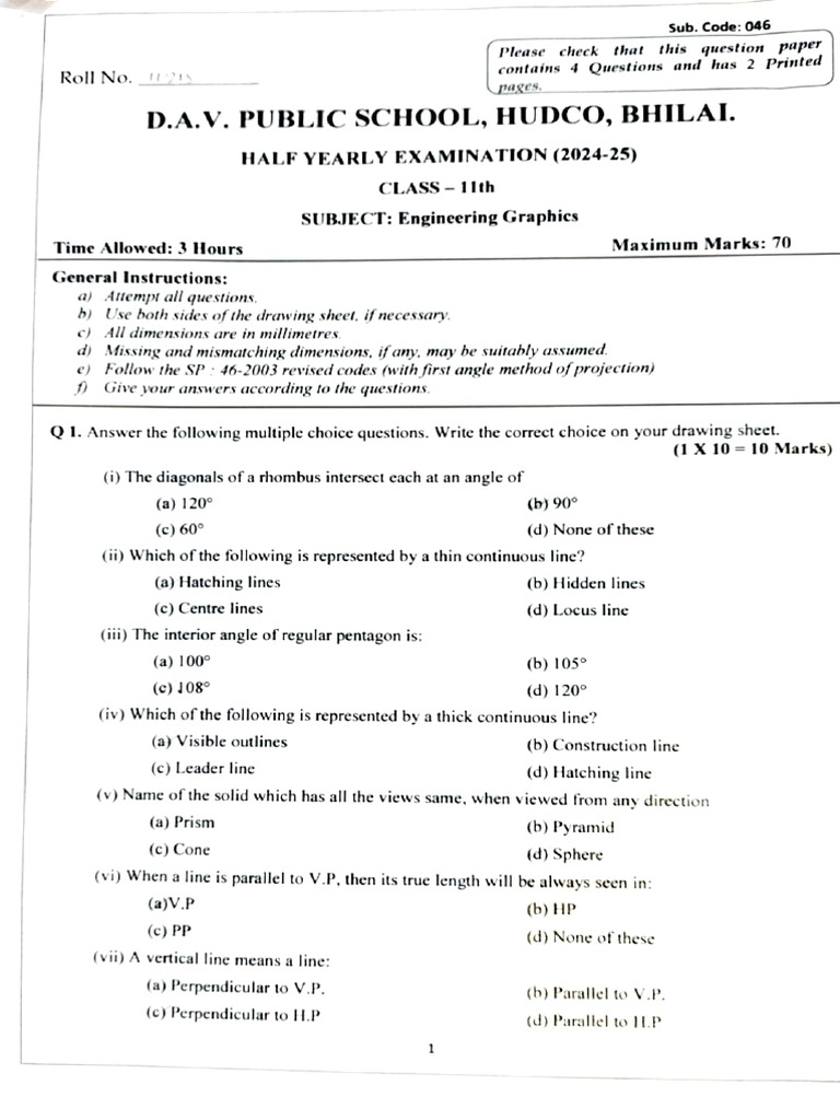 Engineering Graphics Exam Paper 2024 | PDF | Circle | Cartesian ...